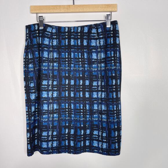 J Mclaughlin 6 Blue Plaid Print Knit Pencil Skirt Rayon Stretch Work Office - Picture 2 of 9